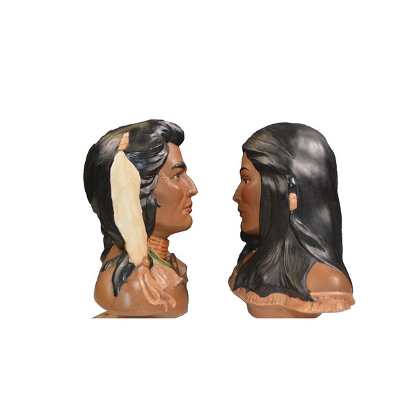 Vintage Native Americans Ceramic Head Bust Statues Hand Painted 11" H x 11" W - Picture 3 of 7